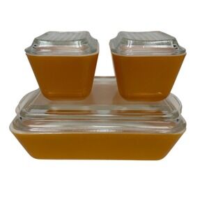 Vintage Pyrex Citrus Daisy Orange Refrigerator Dish Set-6 Pc. with Glass Lids